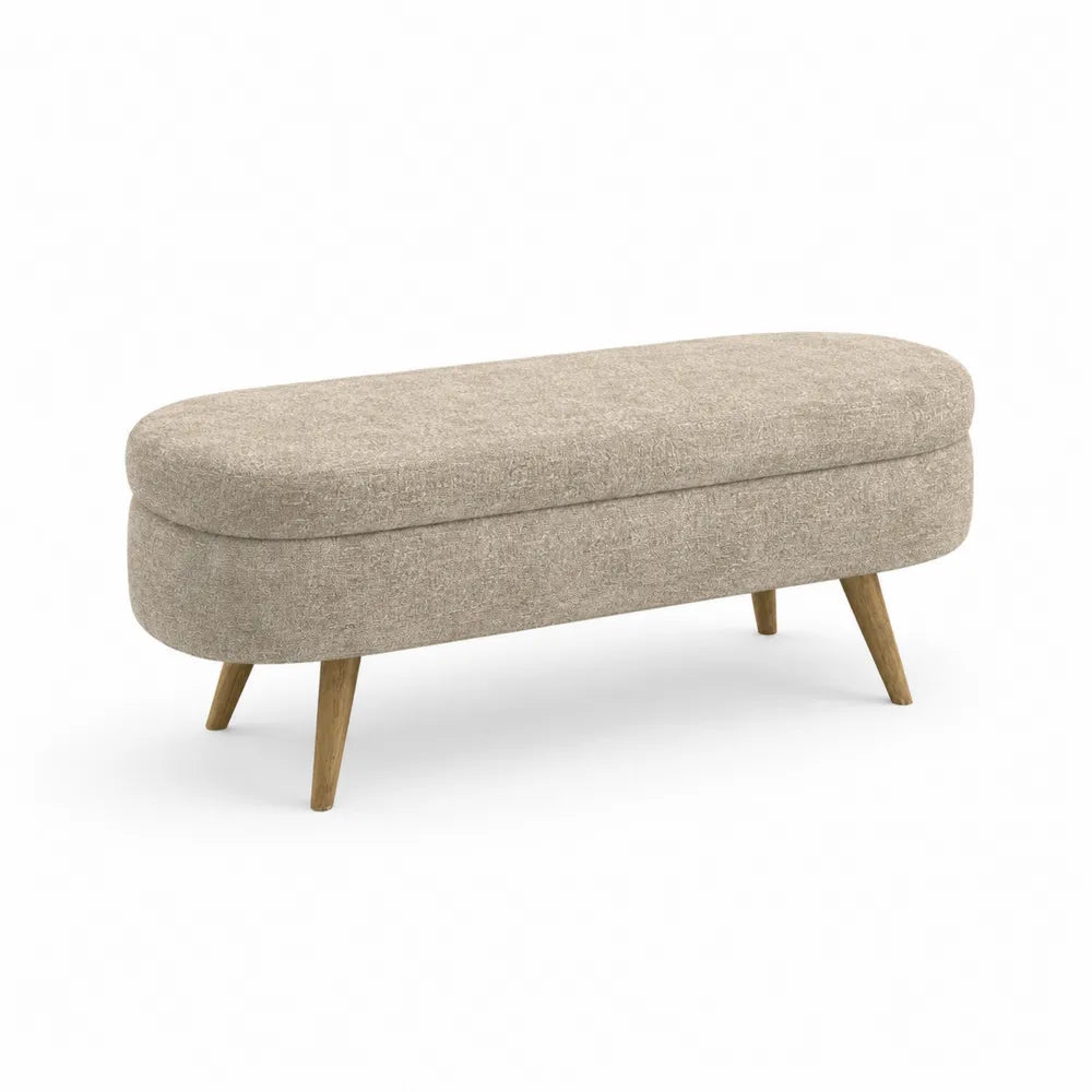 Ovaler Sitzhocker mit Holzbeinen, Beige