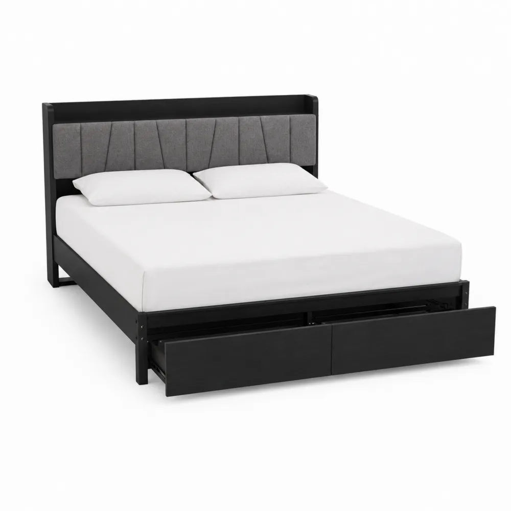 Doppelbett mit Polsterkopfteil und Schubladen Schwarz Holz 200x160 cm