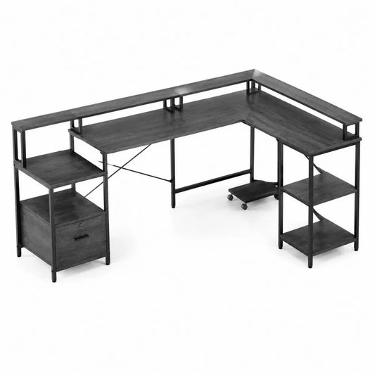 L-förmiger Eck-Schreibtisch mit Regalen und Schublade Holz/Metall Dunkelgrau