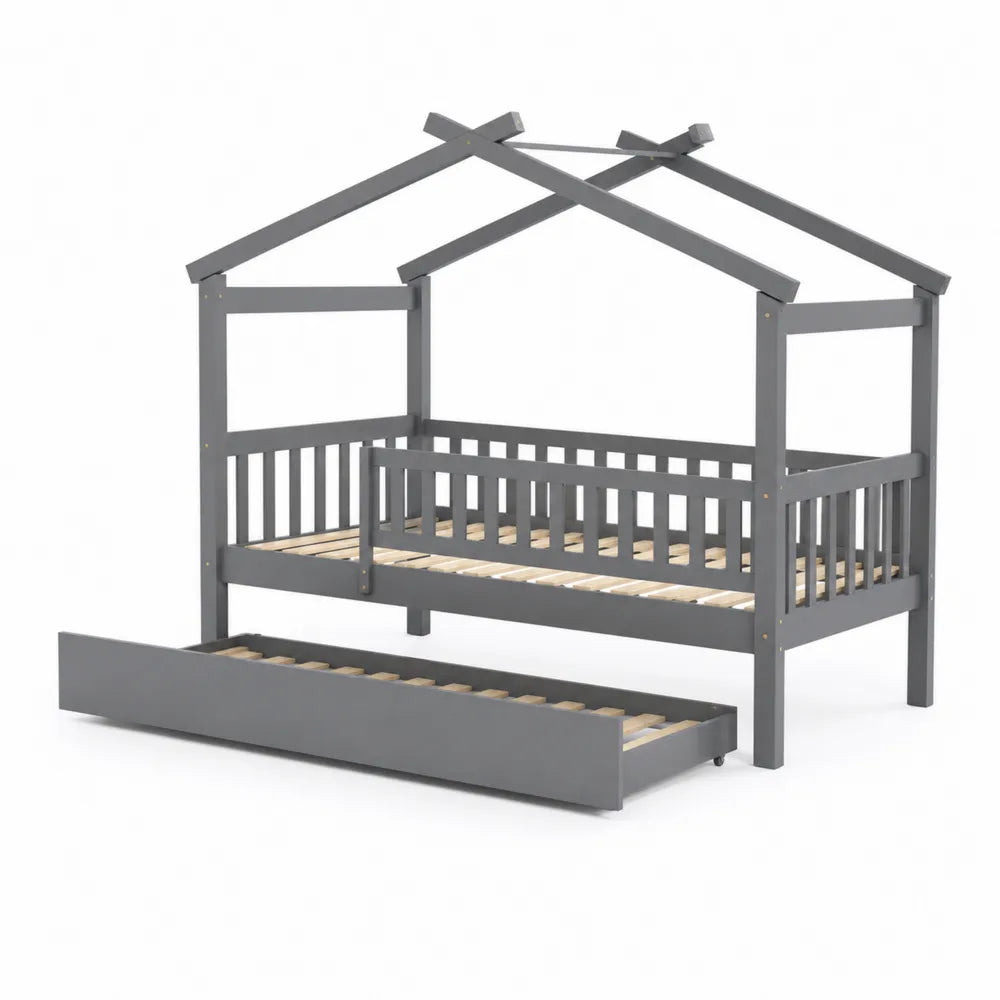 Kinderhausbett mit Ausziehbett 90x200 cm aus Kiefernholz Grau