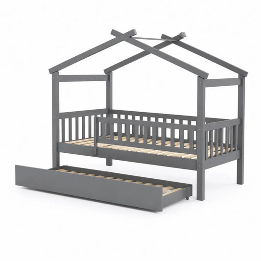 Kinderhausbett mit Ausziehbett 90x200 cm aus Kiefernholz Grau