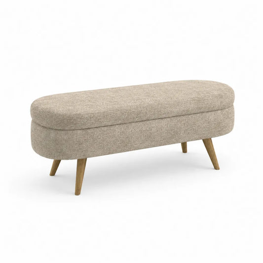 Ovaler Sitzhocker mit Holzbeinen, Beige