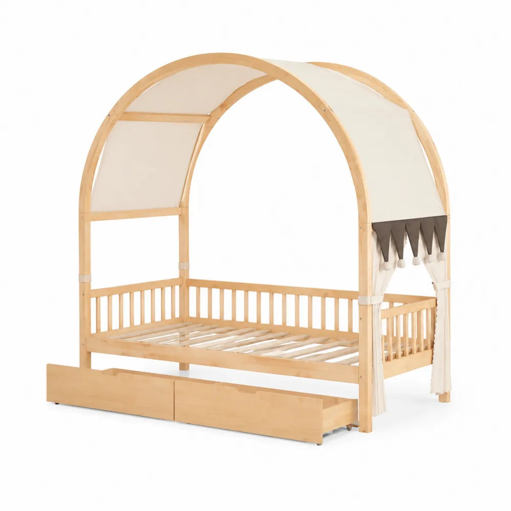 Kinderbett aus Holz mit Baldachin und Schubladen 200x90 cm